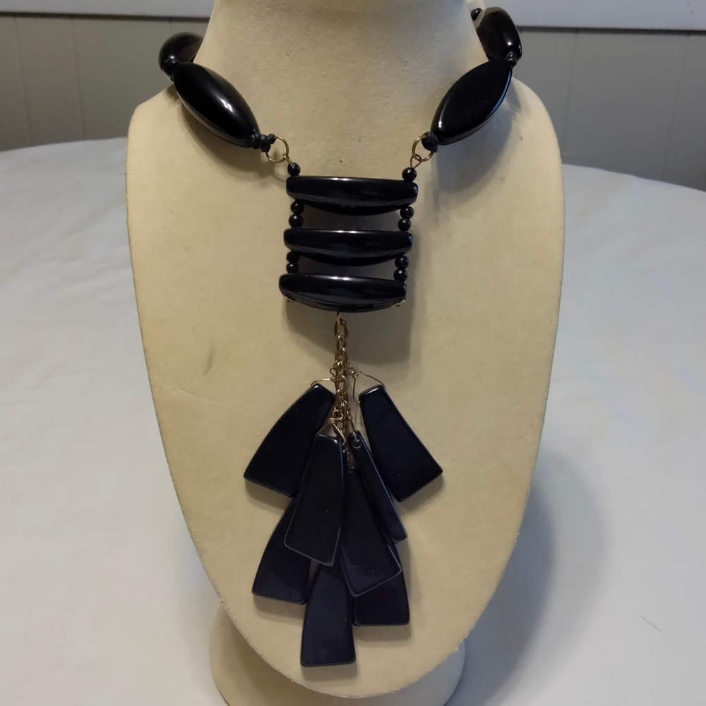 Iris Apfel & Bajalia Black Tassel & White Bone Statement Necklace